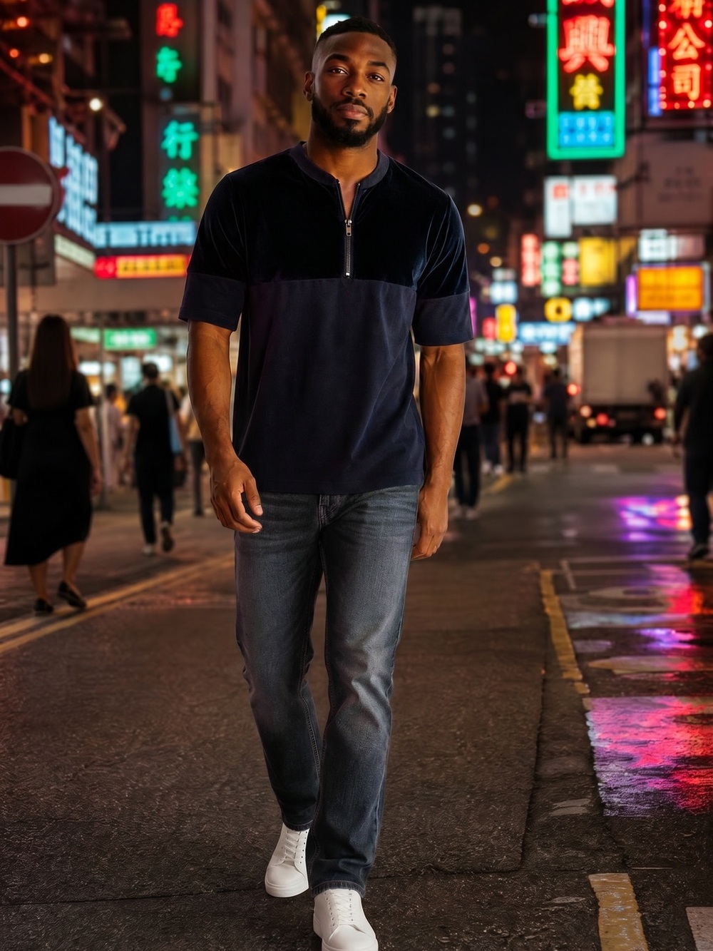 ASOS Navy Velvet-Trim Half-Zip Polo